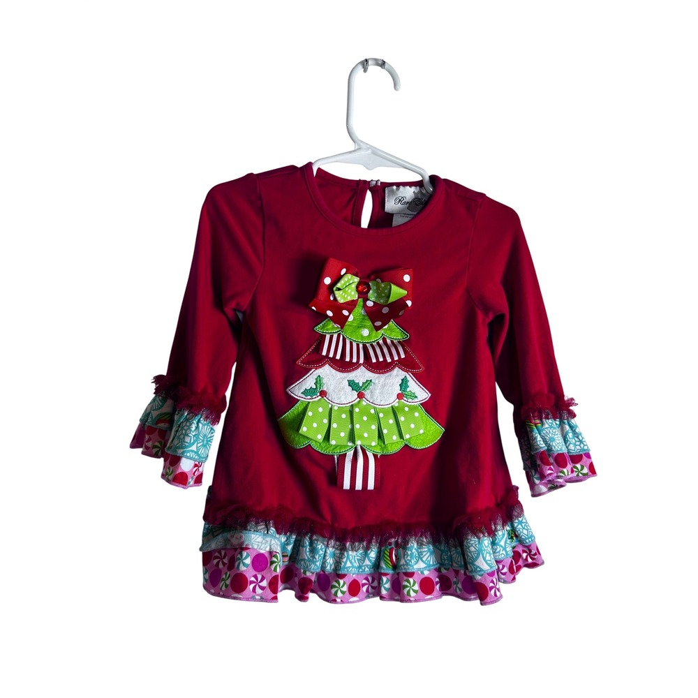 Rare Editions Christmas Tree Top 2T Red Ruffle Applique Holiday Toddler Girl